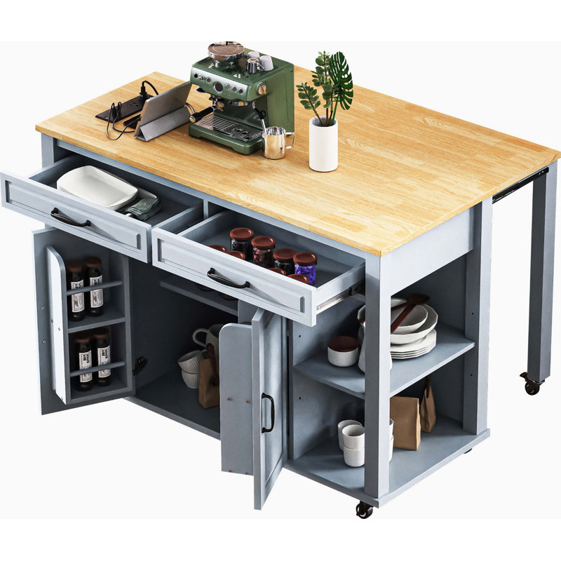 Expandable Dining Integrated Rolling Kitchen Island Cart, Rubber Wood Veneer Countertop with Inner Storage Rack and Built-In Power Outlet, Two Drawers and Dual Closed Storage Cabinets for Kitchen Organization