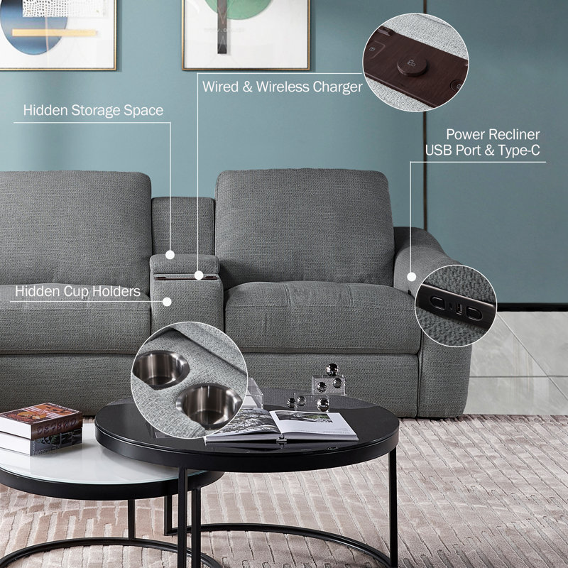 Luxurious 5-Piece Electric Power Reclining Sectional Sofa With Hidden Storage & Wireless Charging, Dark Gray Polyester Blend