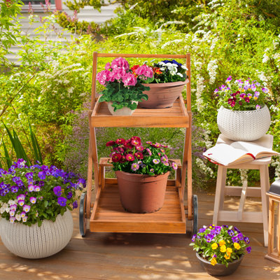 Outdoor Wood Rolling Serving Cart With Wine Bottle Holders And 2 Tier Trays by Gracie Oaks
