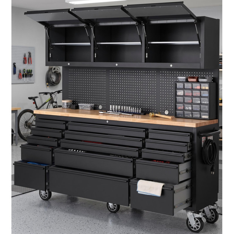 72-Inch Rolling Tool Cabinet with 15 Drawers, 3 Top Cabinets & Pegboard, Mobile Steel Garage Organizer with Anti-Slip Liner, Lockable Storage Chest for Warehouse Repair Shop