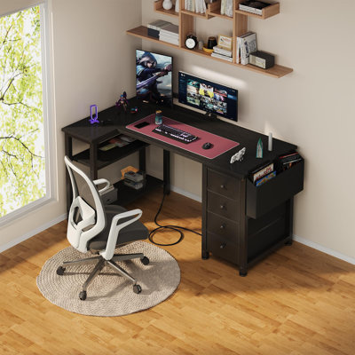 Built-in Outlets L-Shaped Computer Desk with Drawers & Storage Shelves