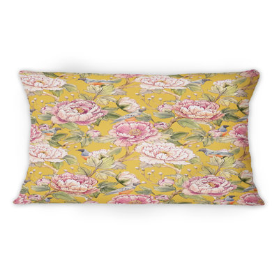 Coussin décoratif à motif de roses roses chinoises sur fond jaune