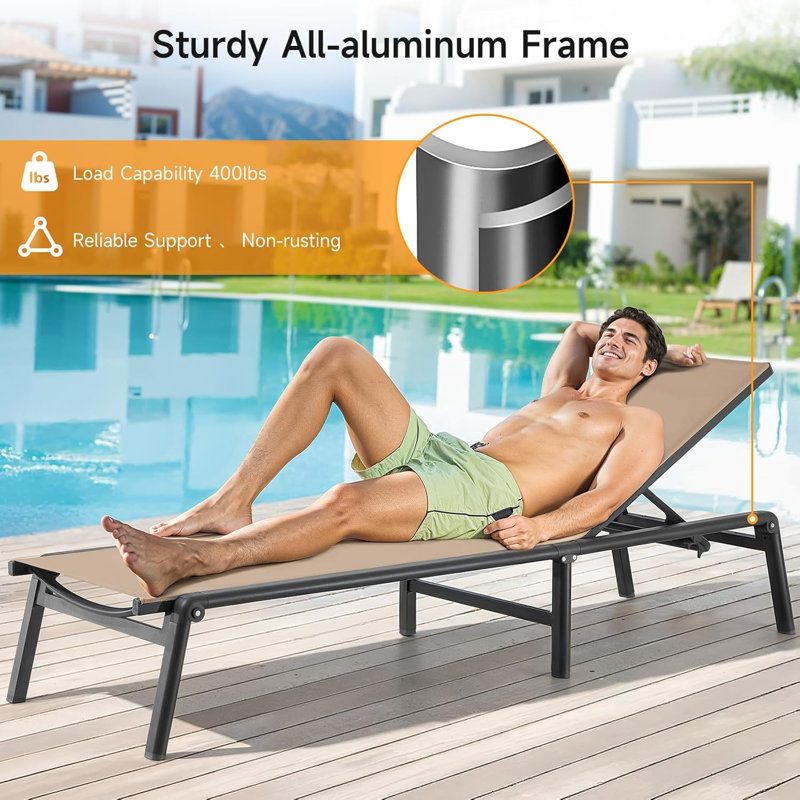 Outdoor chaise longue, foldable, assembly-free, with 5-position adjustable backrest