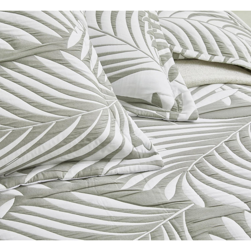 5-Piece Oversized Jacquard Matelasse Leaf Damask Bedspread Set, Queen Coverlet + 4 Standard Shams, White/Platinum Gray Floral