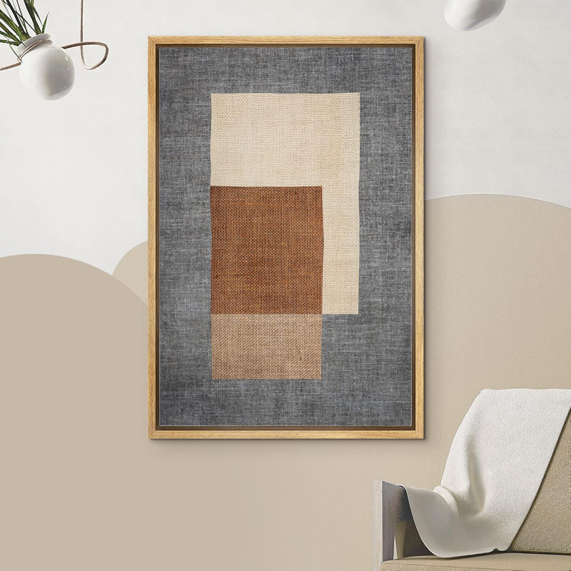 Mid Century Shape "Brown, Beige, Grey Abstract Blocks Artwork, Geometric Modern Rustic Minimalist Wall Pictures, Large Framed Canvas Giclee Print Wall Art"