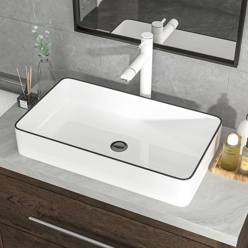 Mocoloo 24" x 14" Ceramic Rectangular Vessel Bathroom Sink with Decorative Rim, White/Black