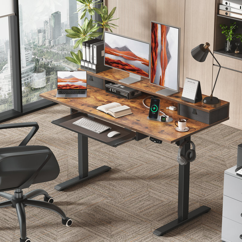 48" Electric Standing Desk With 2 Drawers And Keyboard Tray, Height Adjustable Desk for Home Office , Rustic Brown/Black