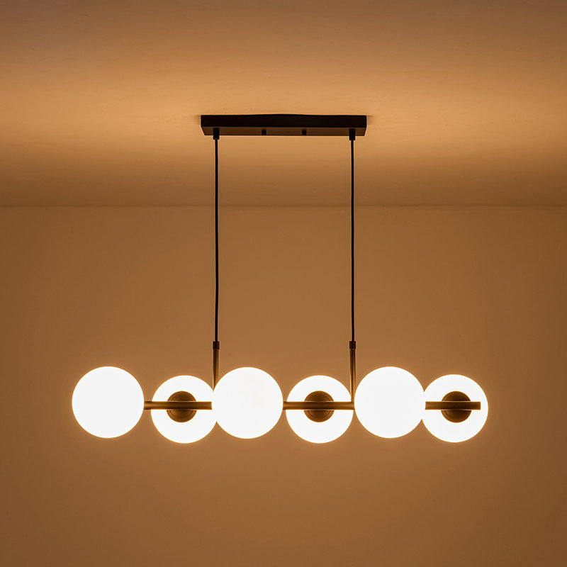 Heider 6 - Light Glass Globes Linear Island Chandelier, Matte Black