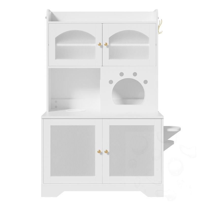 Enceinte de litière pour chat à 3 niveaux avec armoire de rangement et portes en verre cannelé et plateformes d'escalade