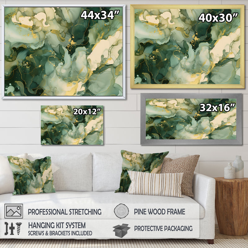 «Green Luxury Abstract Fluid Art I», art mural fractales, H 30 po x l 40 po x P 1,5 po, Cadre flottant doré