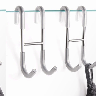 AquaHold Brushed Nickel Shower Door Hooks - Heavy Duty 304 Stainless Steel Towel Rack for Frameless Glass Doors, Ideal for Towels, Coats, Squeegees, and Loofahs (2 Pack, Silver)