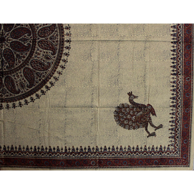 Grigsby Block Print Peacock Paisley Cotton Tablecloth, 72" Round