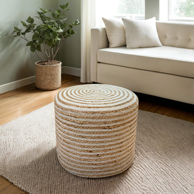 Braided 18" Wide Natural & White Stripe Pouf - Handwoven Jute and Cotton Blend Ottoman – Ideal for Indoor or Covered Outdoor Use - Stylish and Multi-functional as ottoman, footrest, & decor