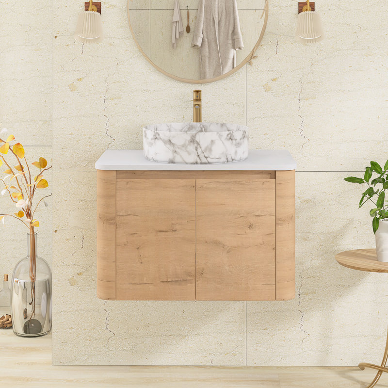 Meuble-lavabo mural simple 29,5 po avec dessus en pierre reconstituée, Imitative Oak