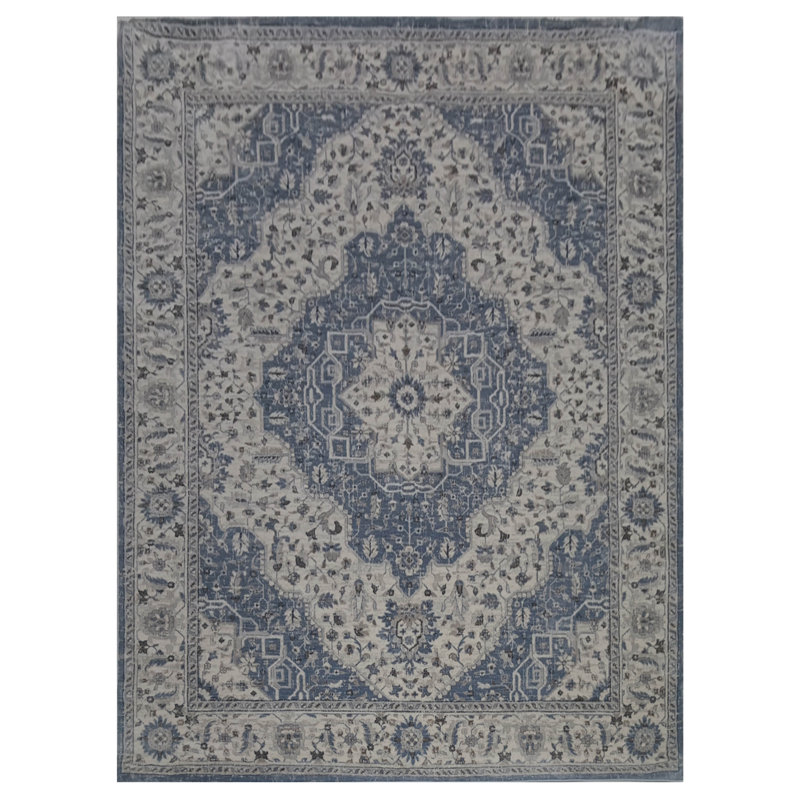 Oriental Machine-Made Cream /Blue Area Rug, Rectangle 8' x 10'