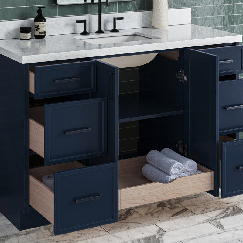ARIEL Kelly 55 Single Sink Bathroom Vanity with Italian Carrara Marble Top, Midnight Blue, 55"