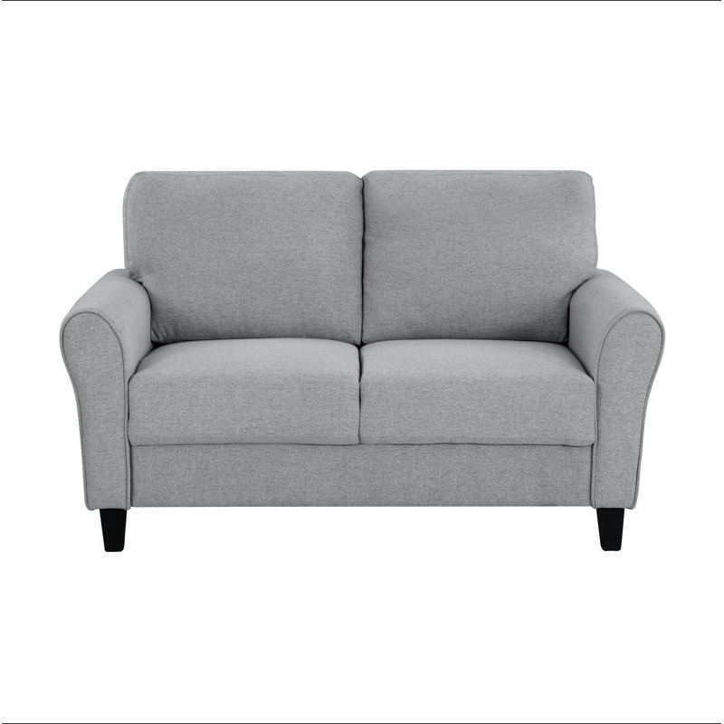 Causeuse moderne en tissu texturé gris foncé avec accoudoirs arrondis et coussins attachés, Tissu gris foncé