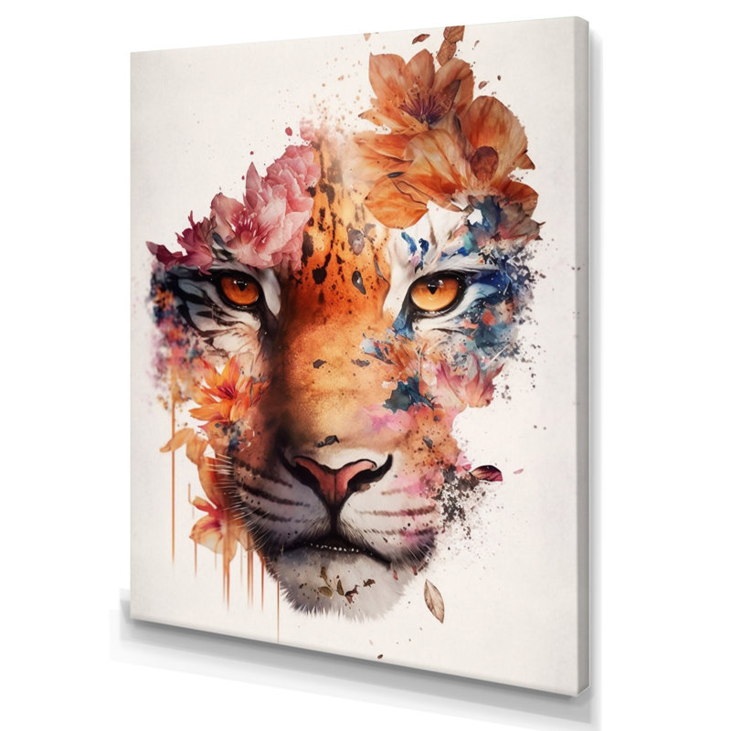 Portrait de tigre avec fleurs III - reproduction sur toile, H 20 po x l 12 po x P 1 po, Toile tendue