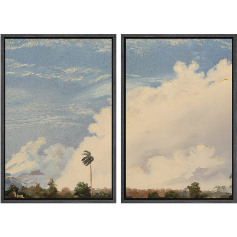 "Vintage Tropical Sky Cloud Landscape", art mural encadré sur toile, ensemble de 2 pièces, H 24 po x l 16 po, Noir