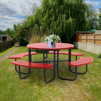 Ridenour Metal Picnic Table Dining Table with Umbrella Hole - Coated Steel Heavy Duty Commercial Grade Table