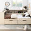 Lit double en bois avec tête de lit tapissier de couleur crème, tablettes de rangement et plateforme de chargement-131377314