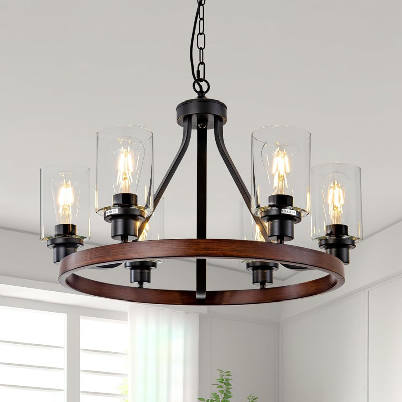 Lustre de style maison de campagne avec hauteur réglable, plafonnier rond à 6 lumières, finition bronze huilé, globes en verre, base E26, convient à la salle à manger, à la cuisine et plus encore