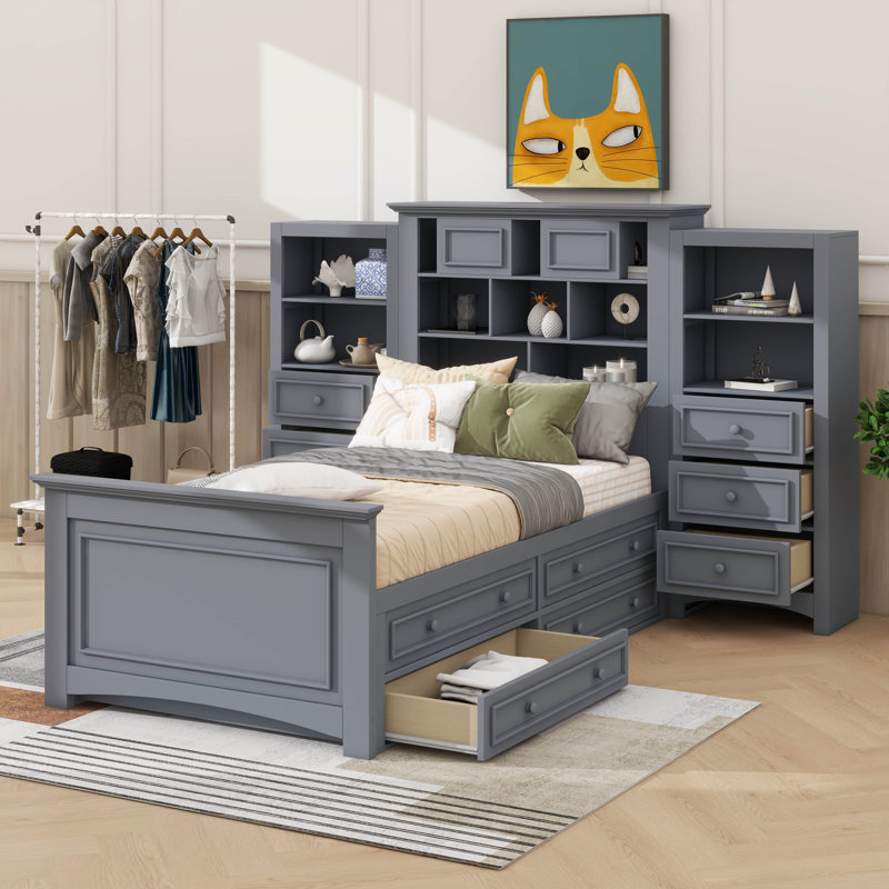 Lit plateforme simple en bois avec armoire verticale tout-en-un et 4 tiroirs de chaque côté, gris