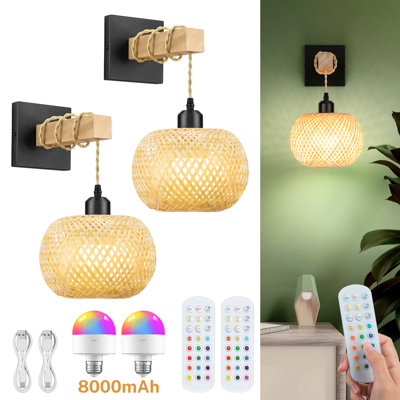 Ensemble de 2 appliques murales à piles et à piles avec télécommande, 8 000 mah Boho, 3 lumières + 12 rgb en bambou tissé à intensité variable en rotin pour le salon de la chambre à coucher