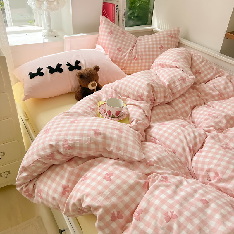 Cute Bowknot Pink And Blue Plaid Comforter Set Bowknot Polka Dot On White Pink Abstract Striped Comforter Set For Kids Girls Woman