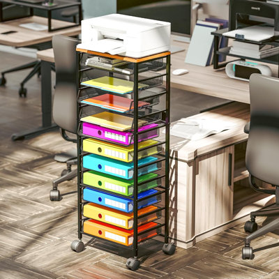 Simple Trending 12 Tier Rolling File Cart,Wood Desk File Organizer With Sliding Trays And Wetal Mesh Paper Letter Storage Multi-Functional Rolling Clutter Cart For Office, Home