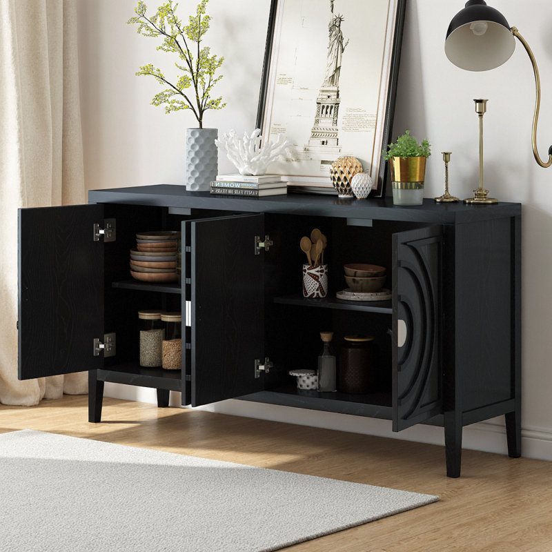 Buffet rétro 60 "- portes circulaires rainurées, poignées rondes, 4 couleurs, tablettes réglables, Noir