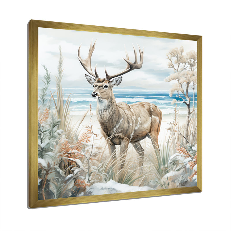 Deer Charm In Winter - Deer, reproduction d'art sur toile, Encadrement doré, H 36 po x l 36 po x P 1,5 po