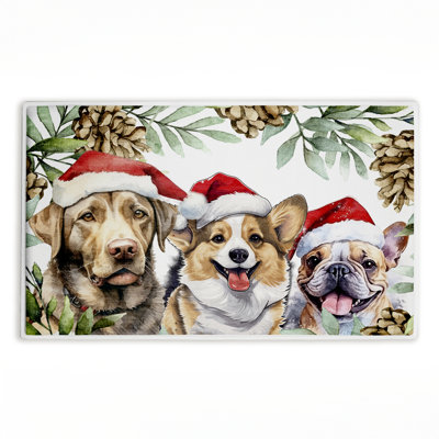 Three Christmas Hat Dogs Printed Plush Bath Mat and Bath Rug, design by Kim Allen, 18"x30"