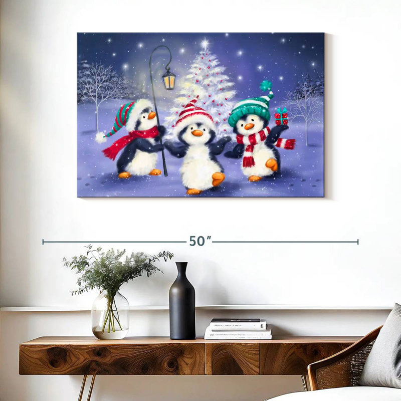 Three Penguins With Christmas Tree, 26" H x 39" W