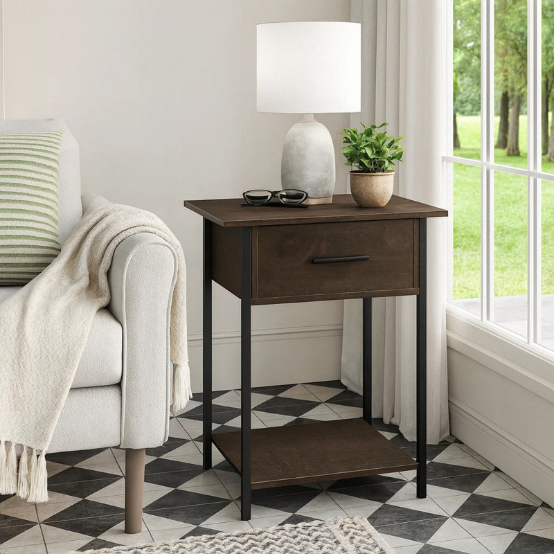Table d'appoint, 2 niveaux, bout, lampe, salon, table d'appoint, tiroir de rangement, petit, métal stratifié, contemporain