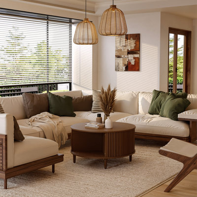 35" wide solid oak circular coffee table with solid wood and wax wood design.