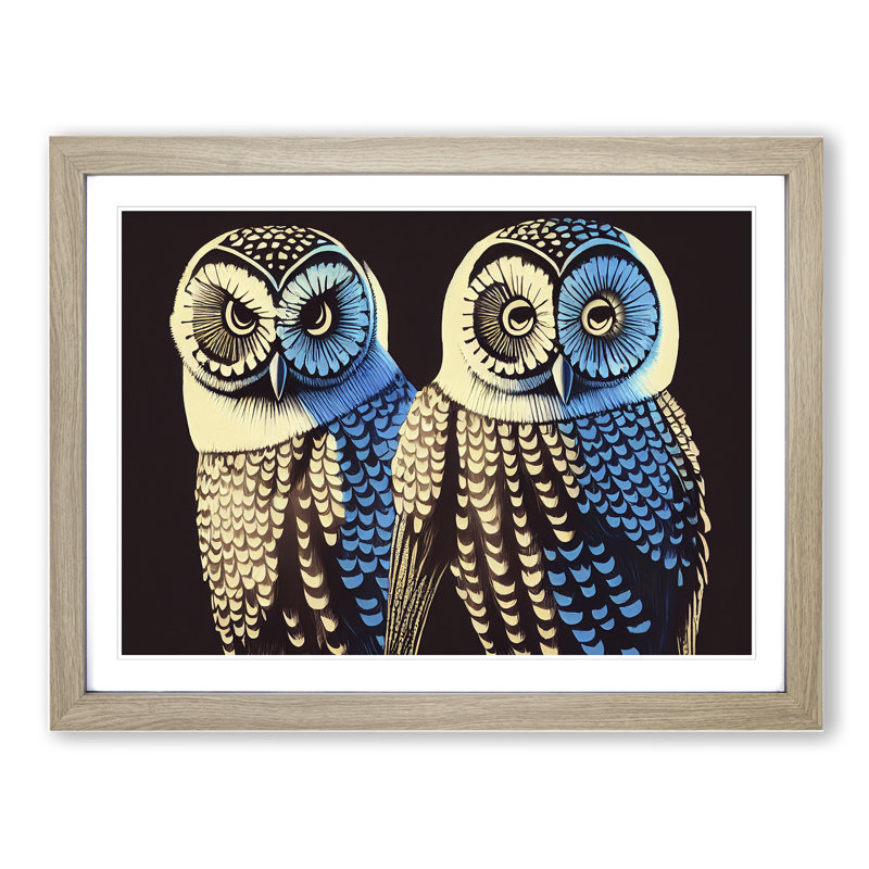 XH1022-6543X Owl Illustration - Single Picture Frame Print, 25cm H x 34cm W, Grey