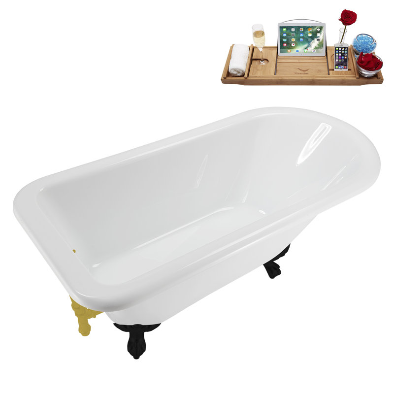 62" Streamline Clawfoot Tub,Tray,Drain, Clawfeet, Matte Black, Brushed Gold