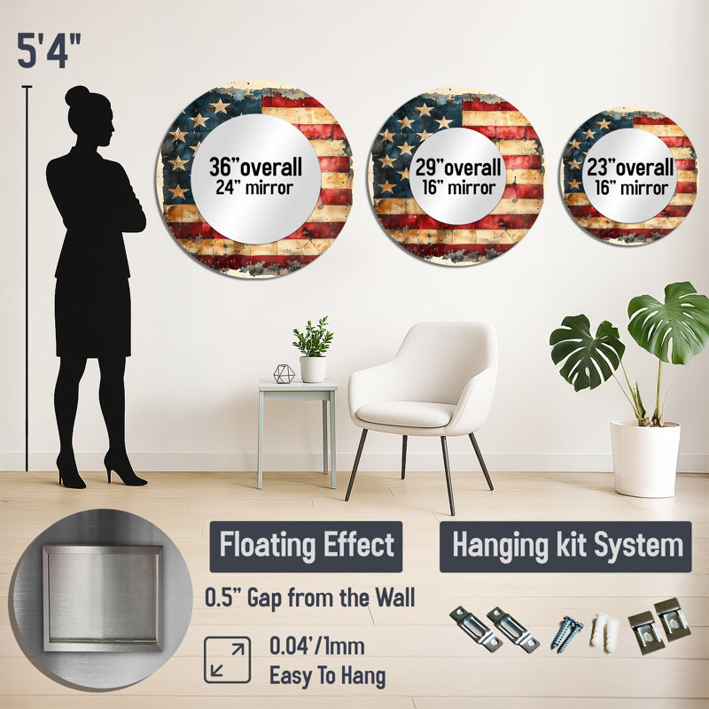 Drapeau des États-Unis ou liberté dans un style rétro - miroir traditionnel pour décoration murale - imprimé sur métal