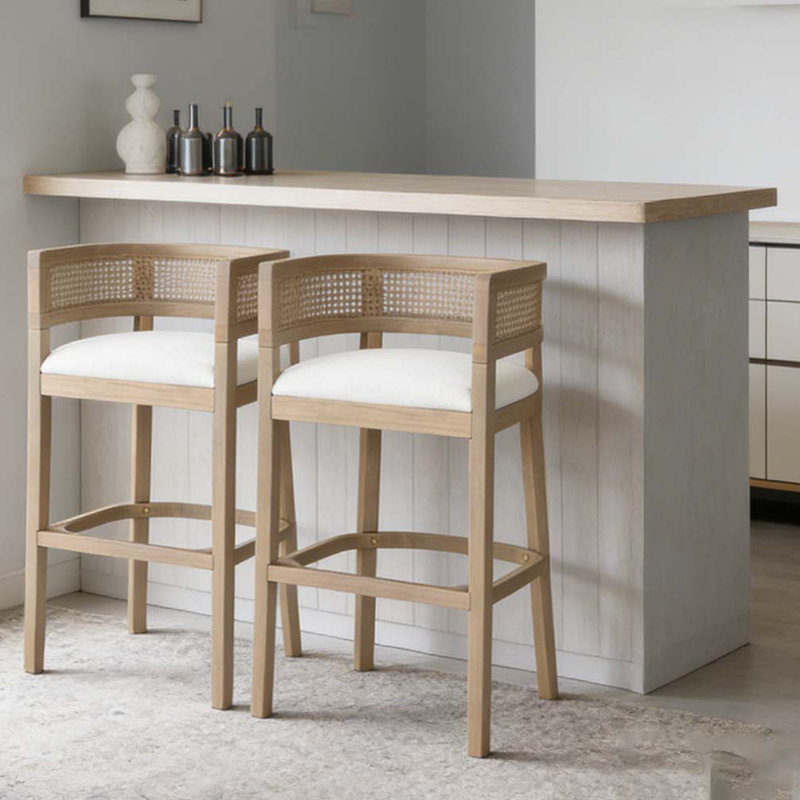 Tabourets de bar rembourrés en bois et rotin, Beige, noyer