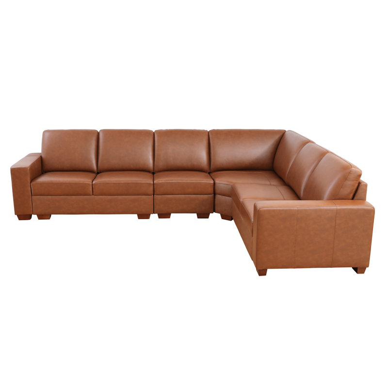 Genuine Cowhide Leather Luxury Living Room Sectional Set, Brown Wood, Brown Genuine Leather, 36'' H x 134'' W x 39'' D