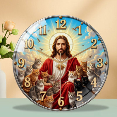 Vintage Oil Painting Jesus & Lovely Cats Wall Clock, Tempered Glass Silent Sweep Quartz Clock, Farmhouse Christian Religious Decorative Clock for Living Room Nursery Bedroom