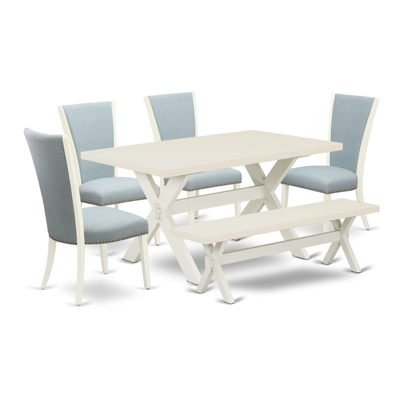 L'ensemble de table de salle à manger 6 pièces contient une table de salle à manger rectangulaire et 4 chaises Parson en tissu bleu bébé avec banc, lin blanc 