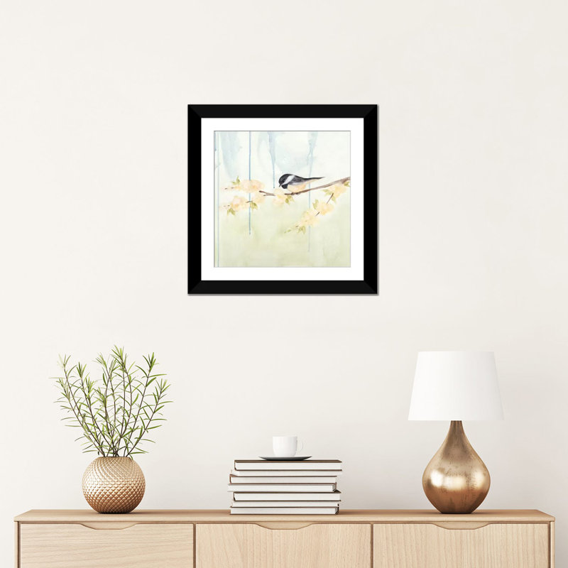« spring chickadees iii », reproduction d’impression sur toile, H 16 po x l 16 po x P 1 po, Papier d'art encadré noir, Blanc