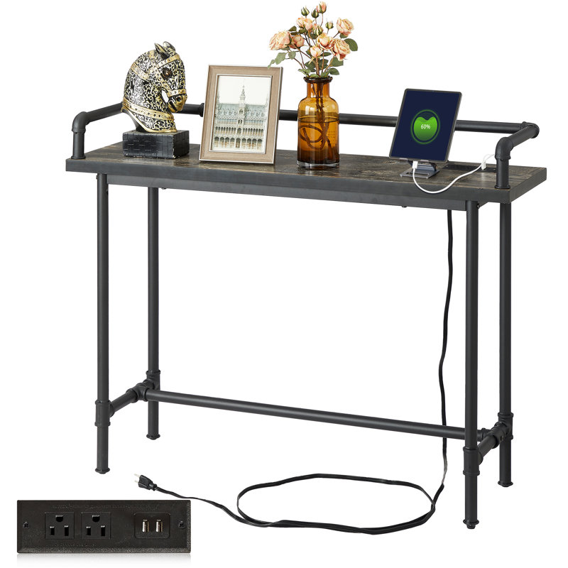 Modern Industrial Console Entryway Table with Power Outlets and USB Ports, Narrow Sofa Table with Metal Frame and Engineered Wood Top