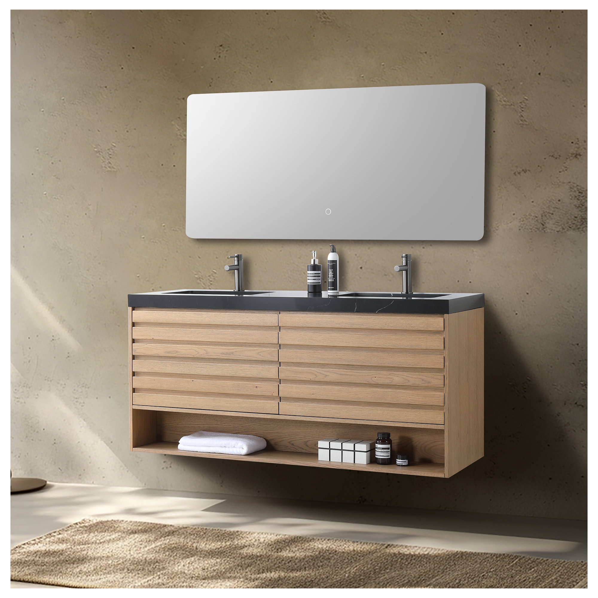 Maumelle 60'' Natural Oak Veneer Plywood Bathroom Vanity with Engineered Stone Top, Black, Pecan Oak