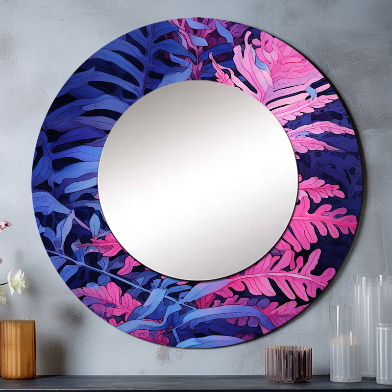 Fond de fougère rose bleu - grand miroir mural floral, miroir décoratif rond rose, impression d'art en métal, 36 po x 36 po