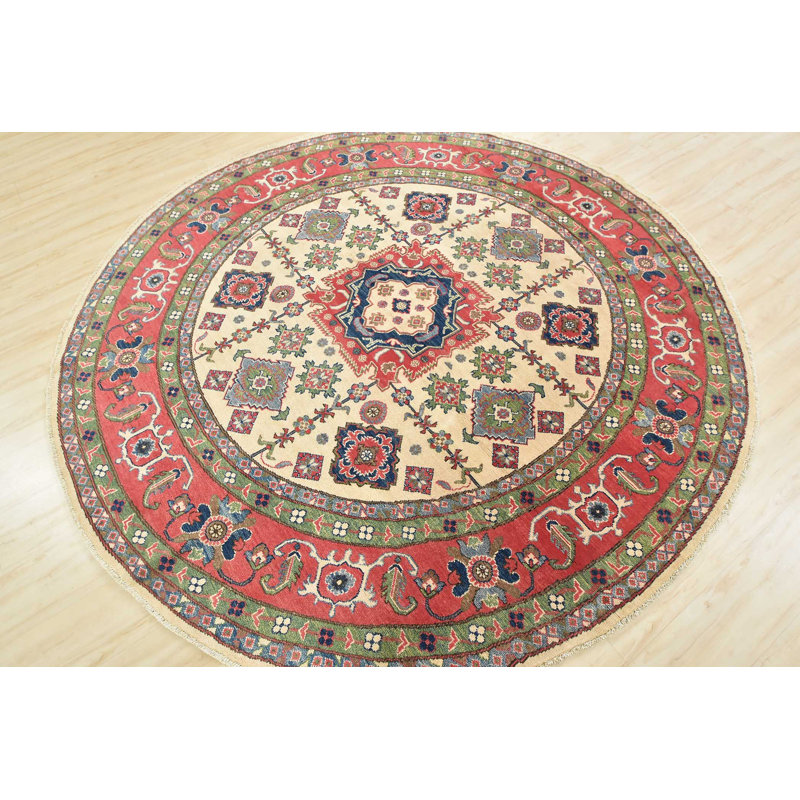 Tapis oriental en laine noué à la main beige, Rond 7 pi 10 po