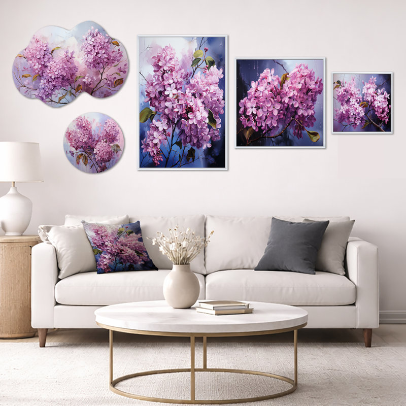 Lilas beauté dévoilée V - grand ensemble d'art mural floral, métal et toile encadrée 5 pièces (100 po x 40 po)