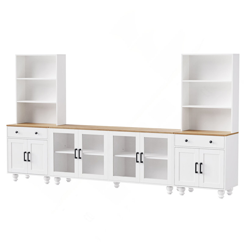 Farmhouse TV Stand With Solid Wood Gourd-Shaped Legs, Entertainment Center With Bookshelves & Tempered Glass Doors, Media Console With Adjustable Shelves, Living Room